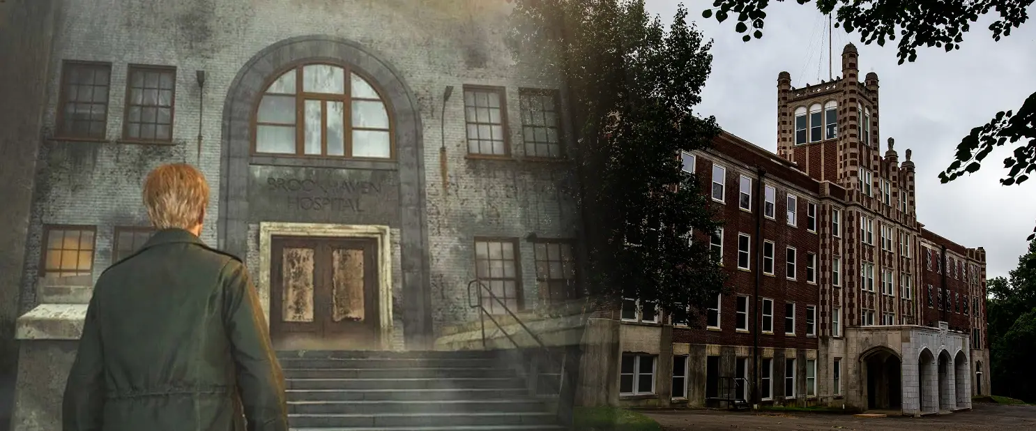 On the left side is James Sunderland outside of Brookhaven Hospital in Silent Hill 2. On the right is its real life inspiration, Waverly Hills Sanatorium in the USA